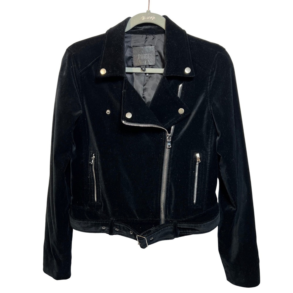 Paige Black Velvet Moto Jacket Belted Asymmetric Zip Womens XS